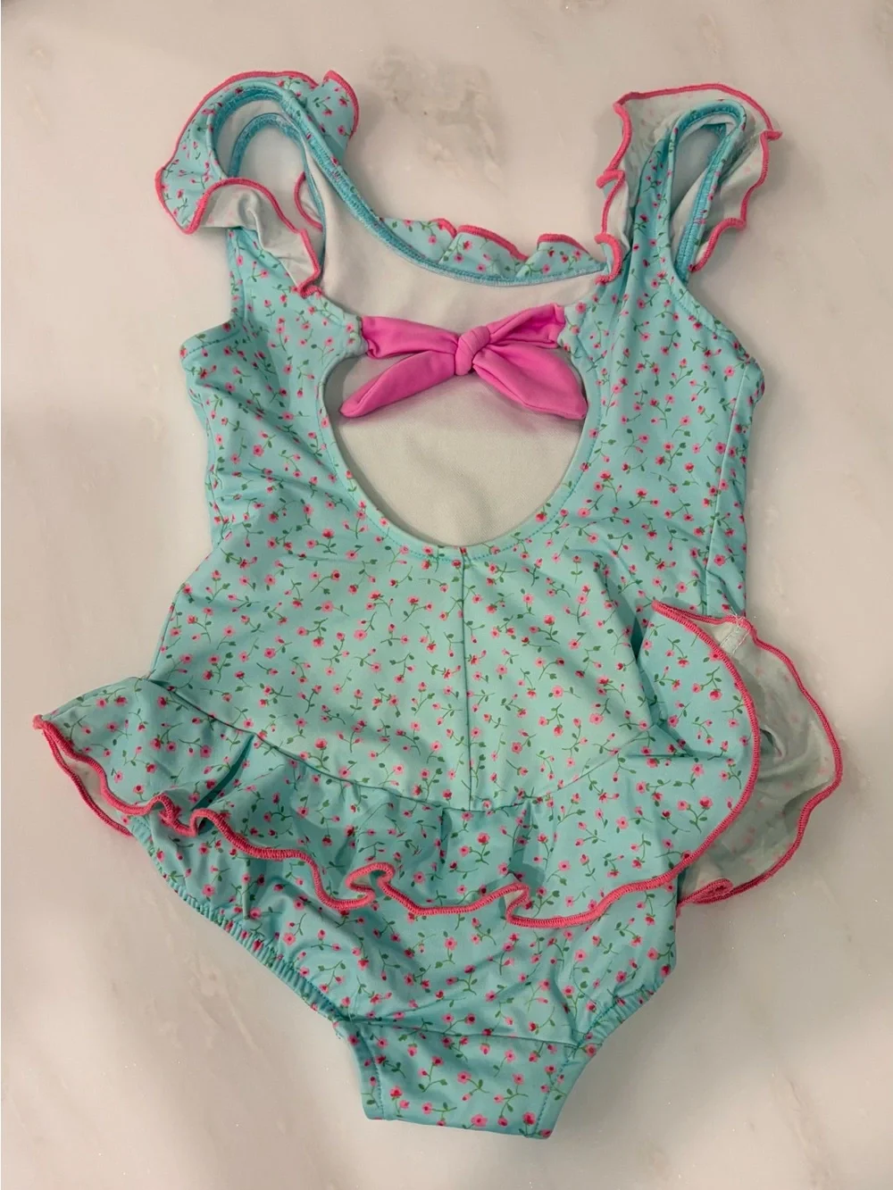 Girls' Aqua Floral Ruffle One-Piece Swimsuit by Florence Eiseman